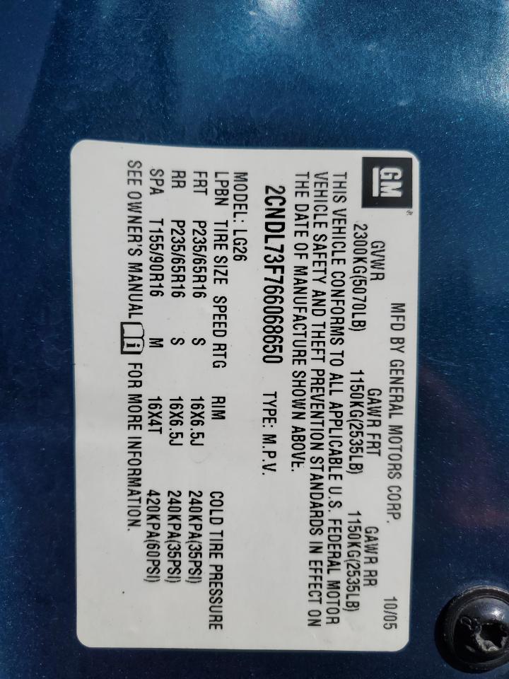 2006 Chevrolet Equinox Lt VIN: 2CNDL73F766068650 Lot: 53963855