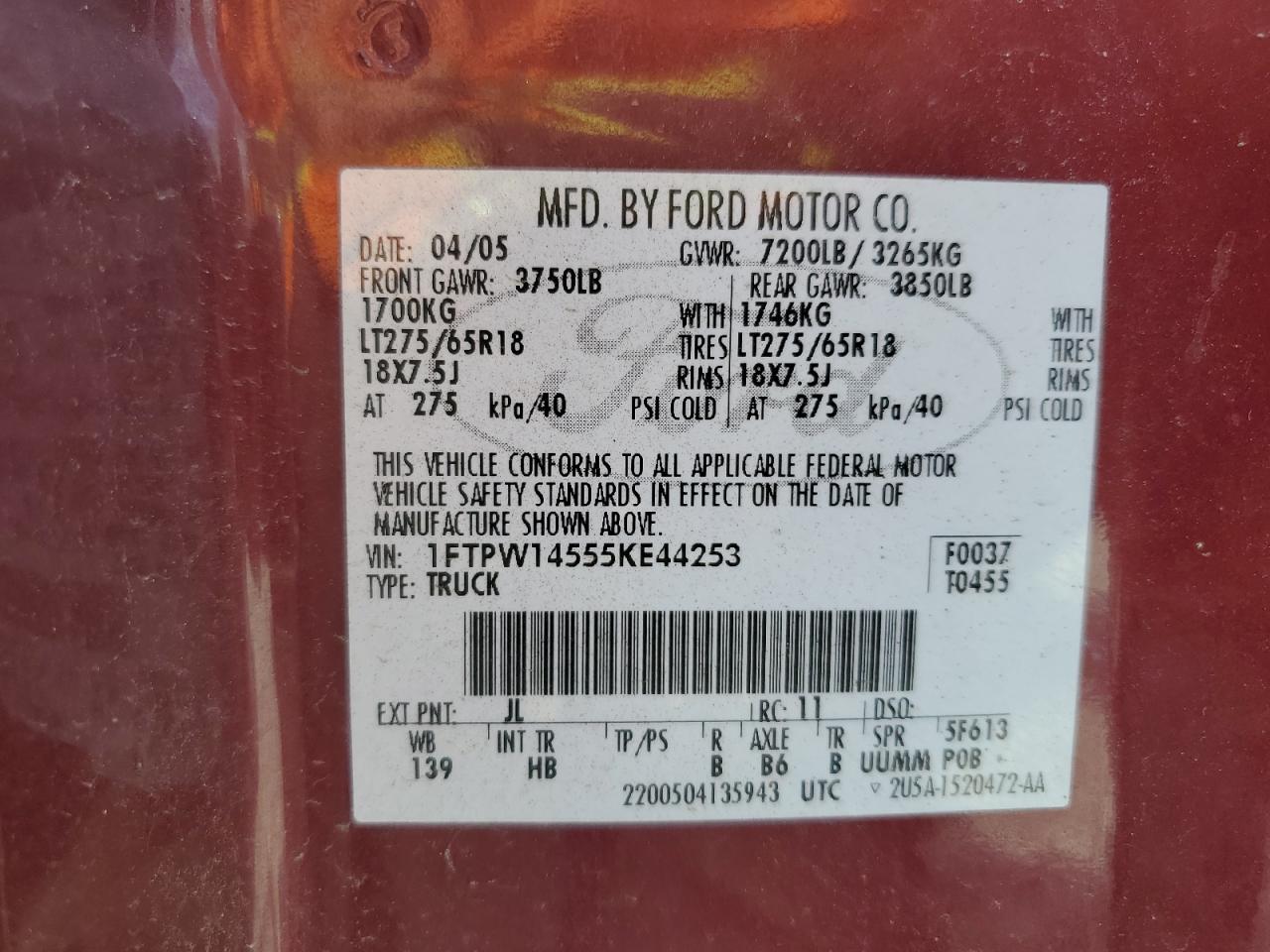 2005 Ford F150 Supercrew VIN: 1FTPW14555KE44253 Lot: 54496975