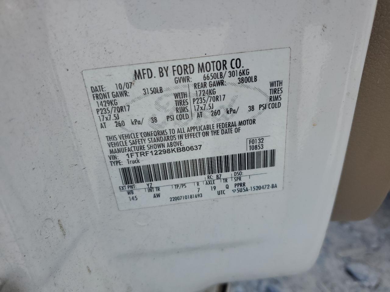 2008 Ford F150 VIN: 1FTRF12298KB80637 Lot: 51788285