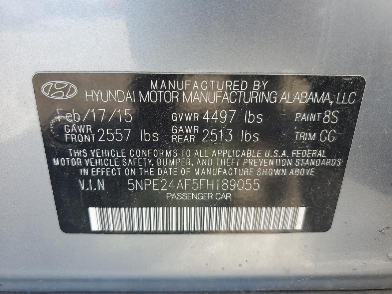 2015 Hyundai Sonata Se VIN: 5NPE24AF5FH189055 Lot: 51893535
