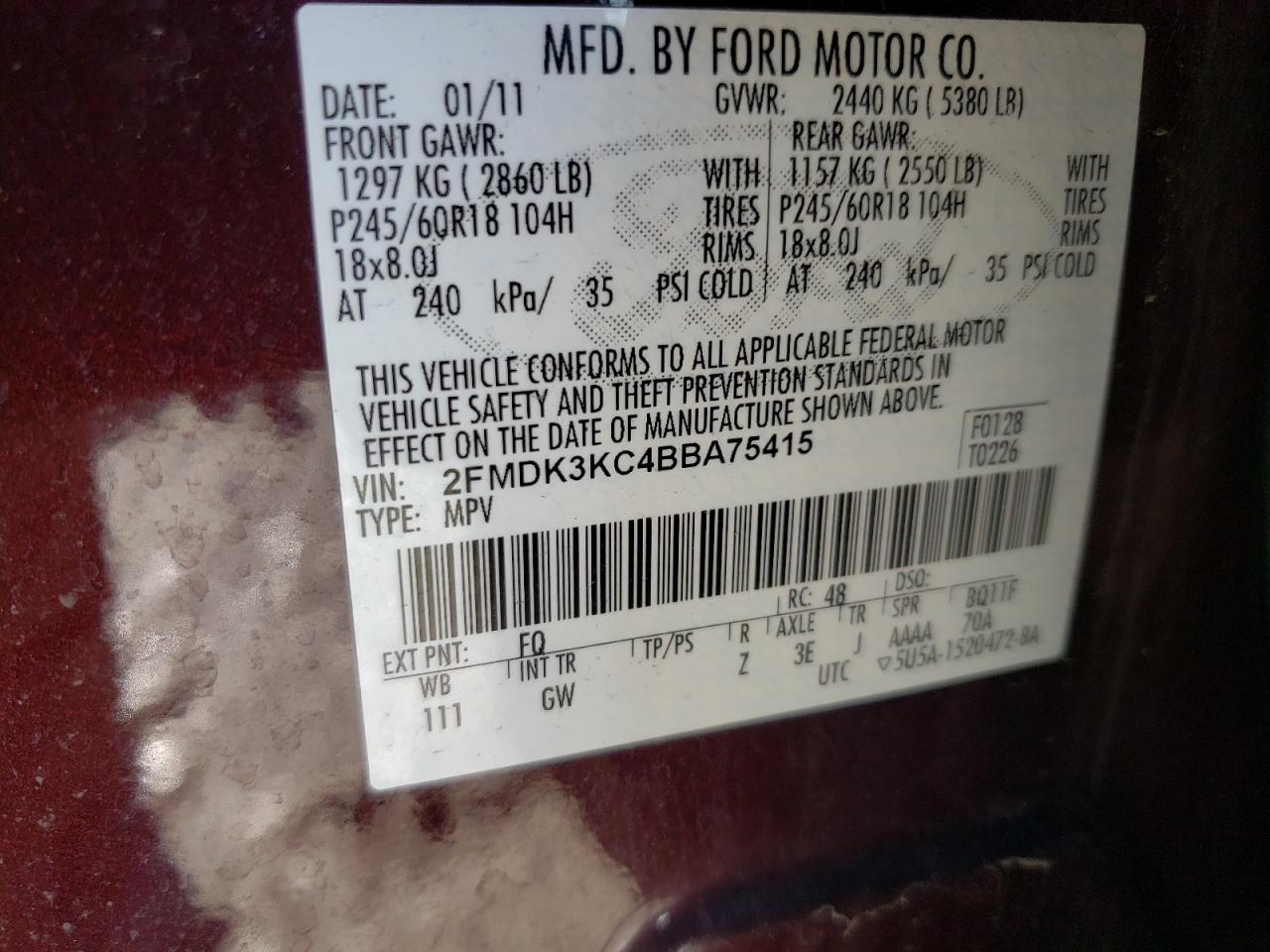 2011 Ford Edge Limited VIN: 2FMDK3KC4BBA75415 Lot: 52015105