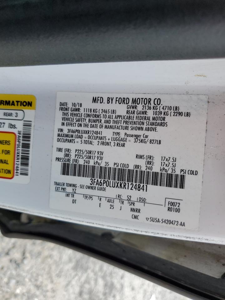 2019 Ford Fusion Se VIN: 3FA6P0LUXKR124841 Lot: 54039975