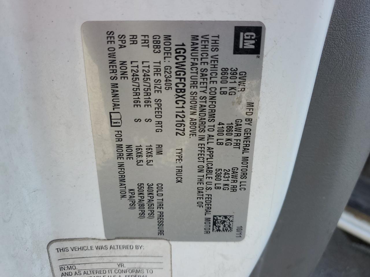 2012 Chevrolet Express G2500 VIN: 1GCWGFCBXC1121672 Lot: 54087915