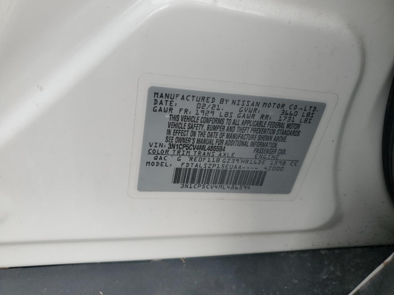 2021 Nissan Kicks Sv VIN: 3N1CP5CV4ML486594 Lot: 51614235
