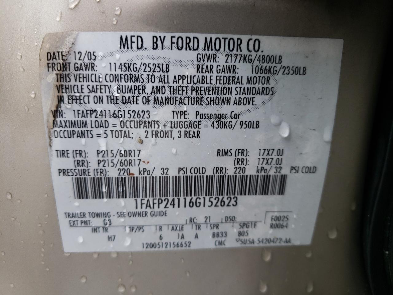 2006 Ford Five Hundred Sel VIN: 1FAFP24116G152623 Lot: 54522795
