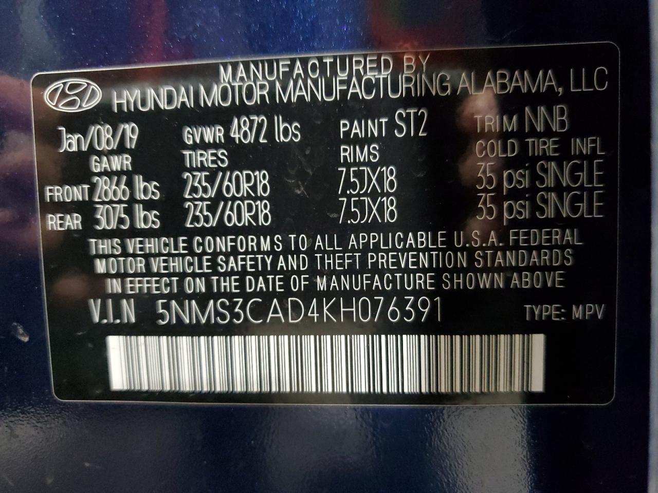 5nms3cad4kh076391 5NMS3CAD4KH076391 2019 Hyundai Santa Fe Sel