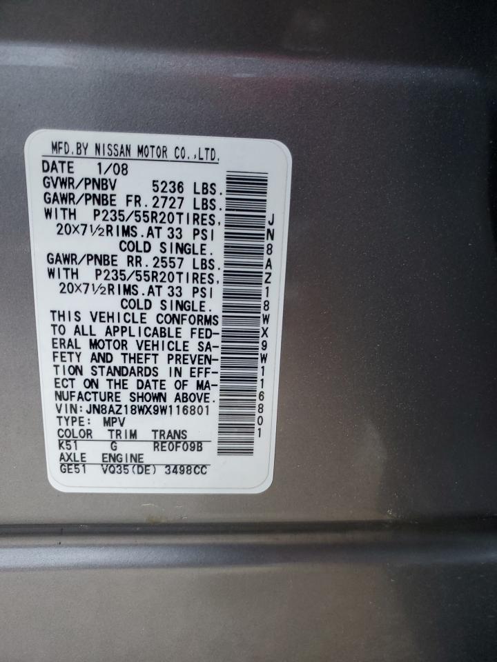 2009 Nissan Murano S VIN: JN8AZ18WX9W116801 Lot: 53054825