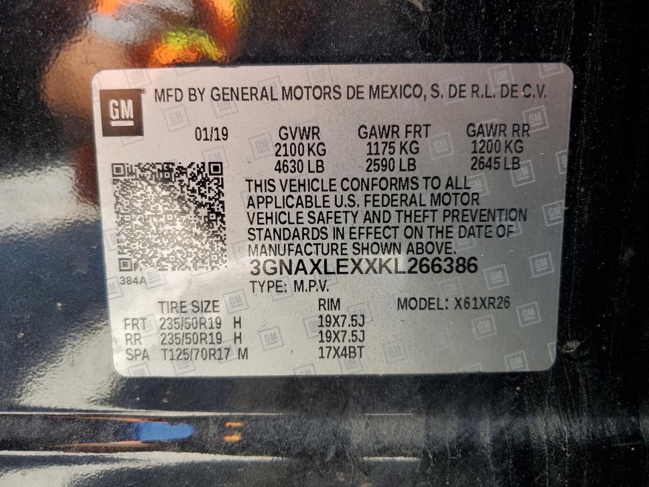 2019 Chevrolet Equinox Lt VIN: 3GNAXLEXXKL266386 Lot: 53079105