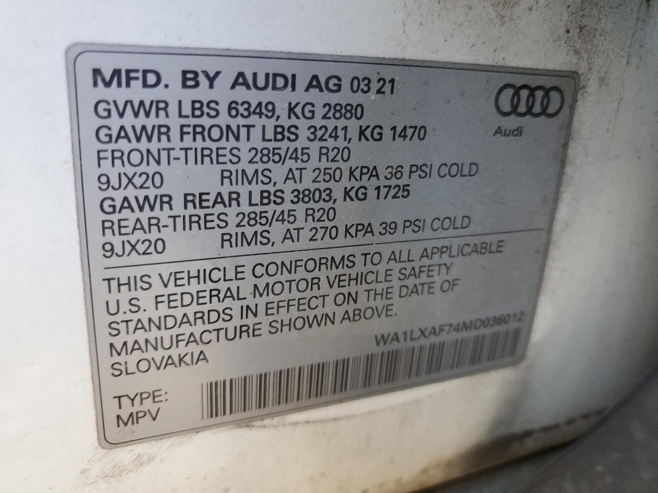 2021 Audi Q7 Premium Plus VIN: WA1LXAF74MD036012 Lot: 54381865