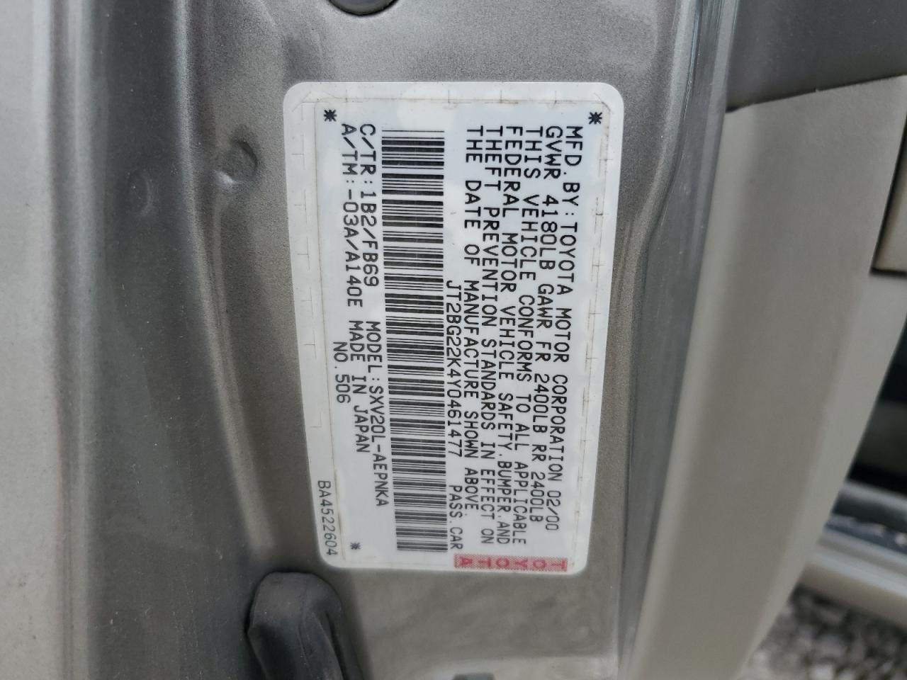 2000 Toyota Camry Ce VIN: JT2BG22K4Y0461477 Lot: 54475815