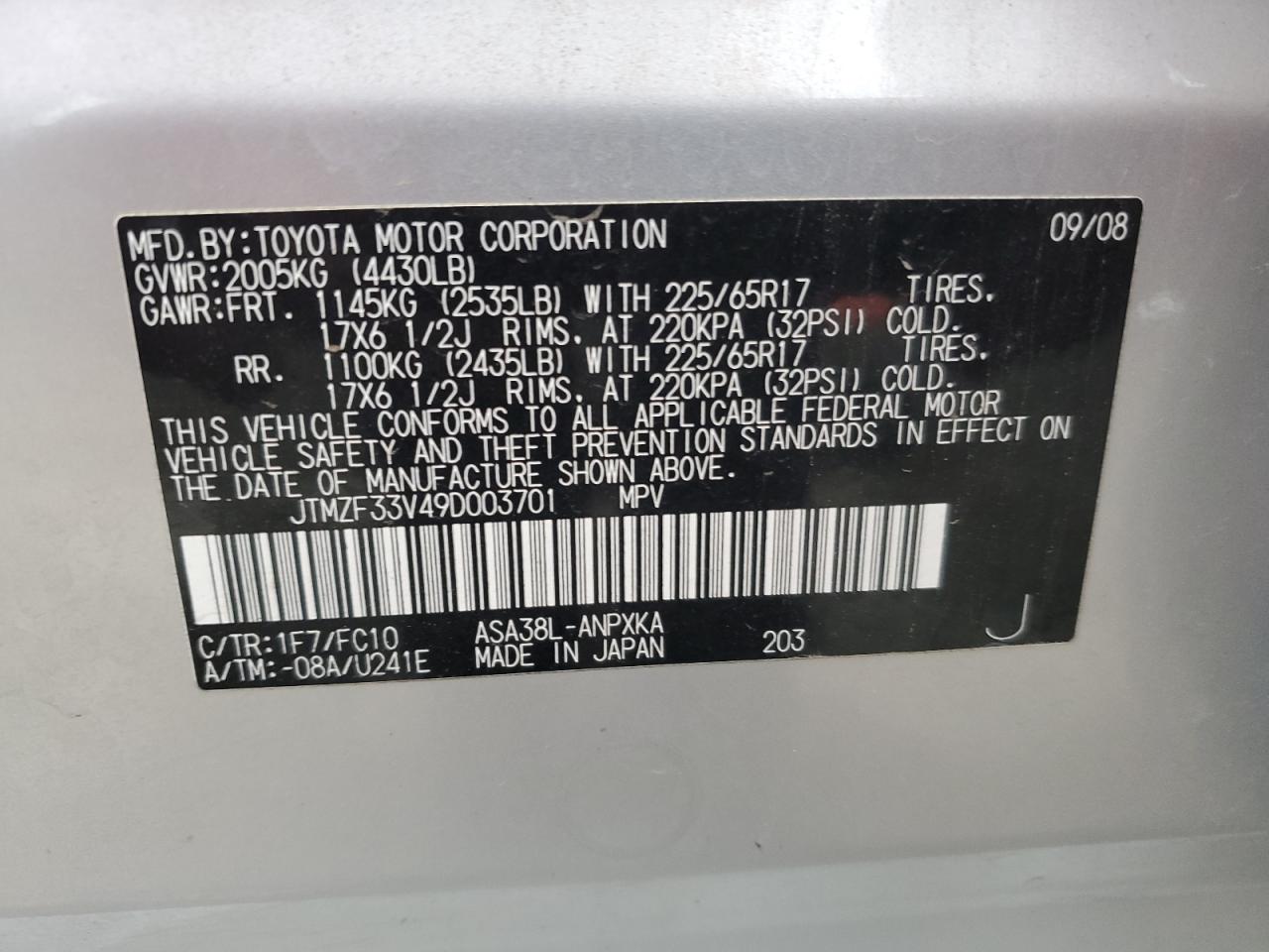 2009 Toyota Rav4 VIN: JTMZF33V49D003701 Lot: 54984735