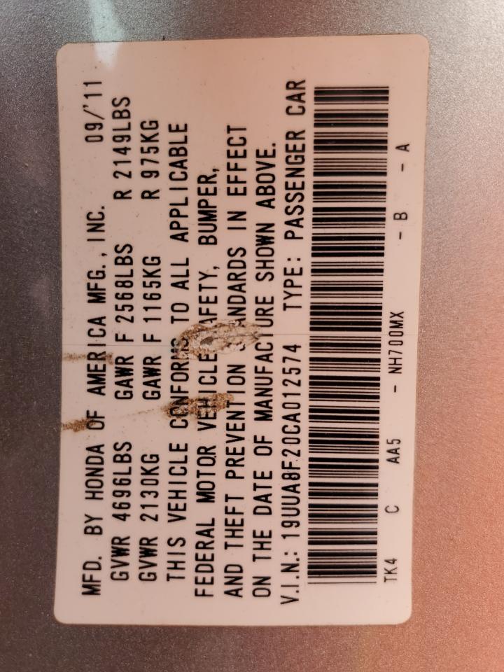 2012 Acura Tl VIN: 19UUA8F20CA012574 Lot: 53980525