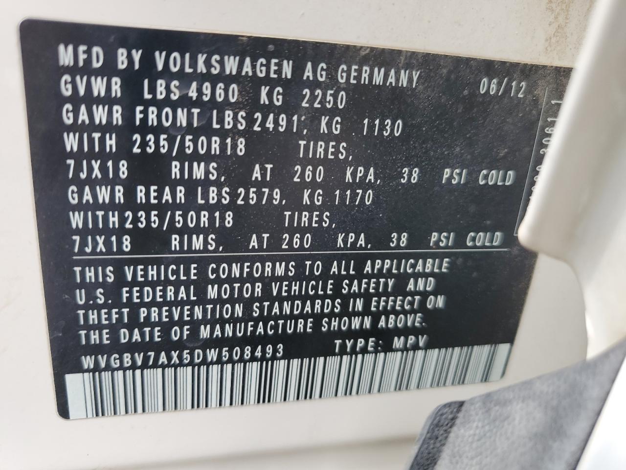 2013 Volkswagen Tiguan S VIN: WVGBV7AX5DW508493 Lot: 52431205
