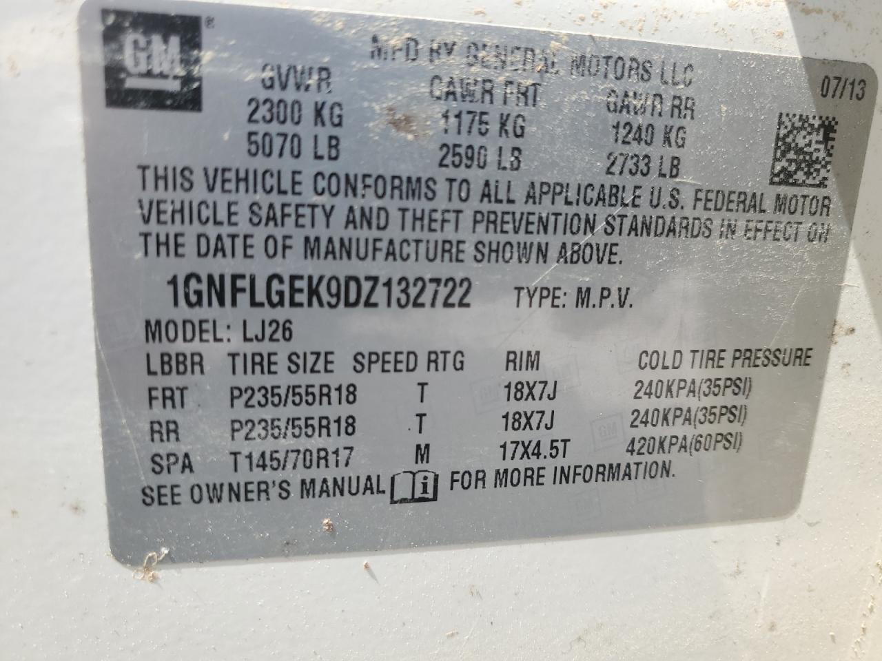 2013 Chevrolet Equinox Ltz VIN: 1GNFLGEK9DZ132722 Lot: 52683025