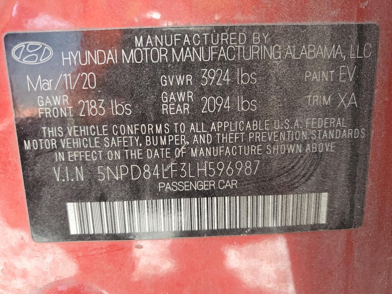 2020 Hyundai Elantra Sel VIN: 5NPD84LF3LH596987 Lot: 55139645