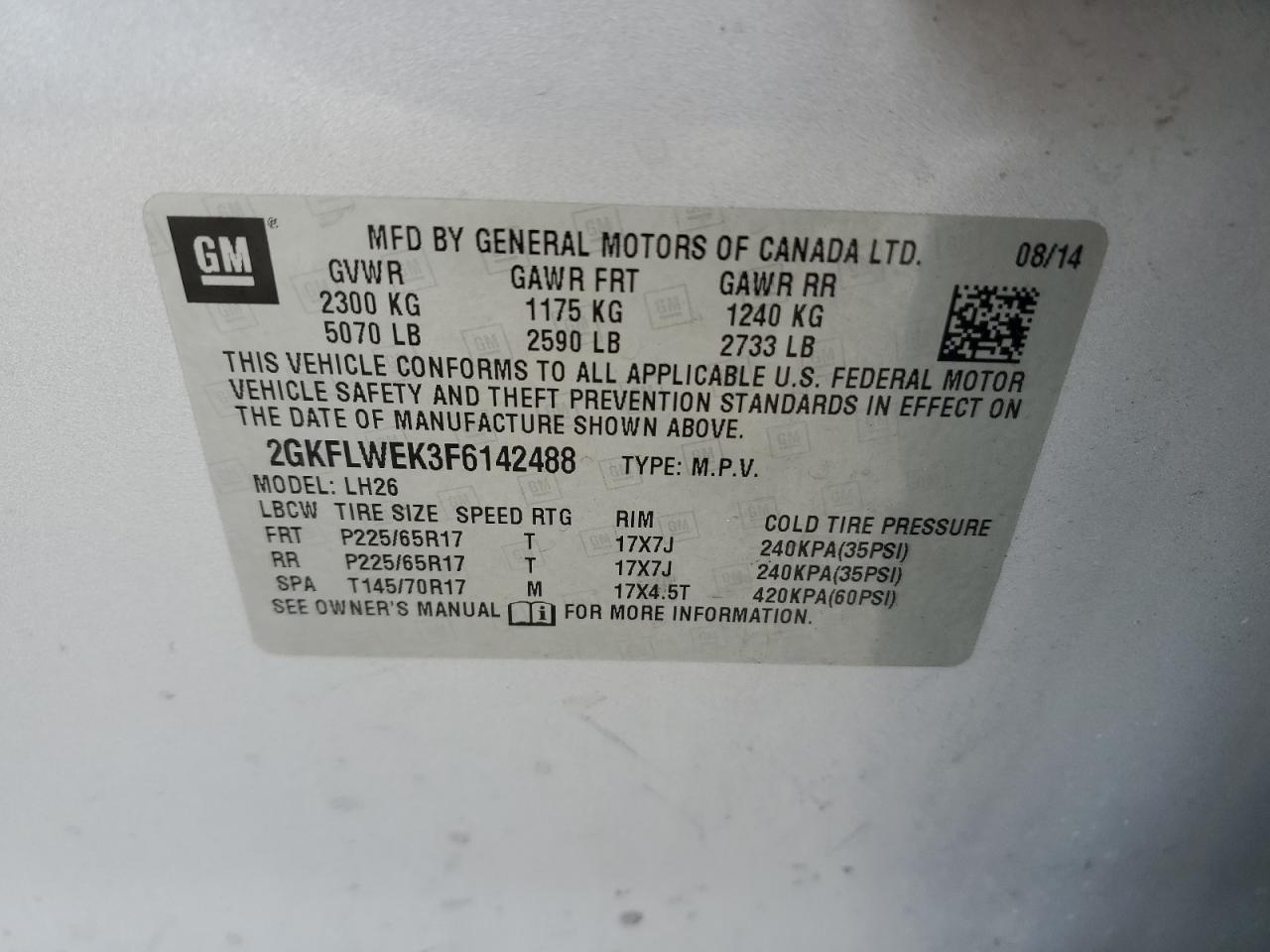 2015 GMC Terrain Sle VIN: 2GKFLWEK3F6142488 Lot: 53304205