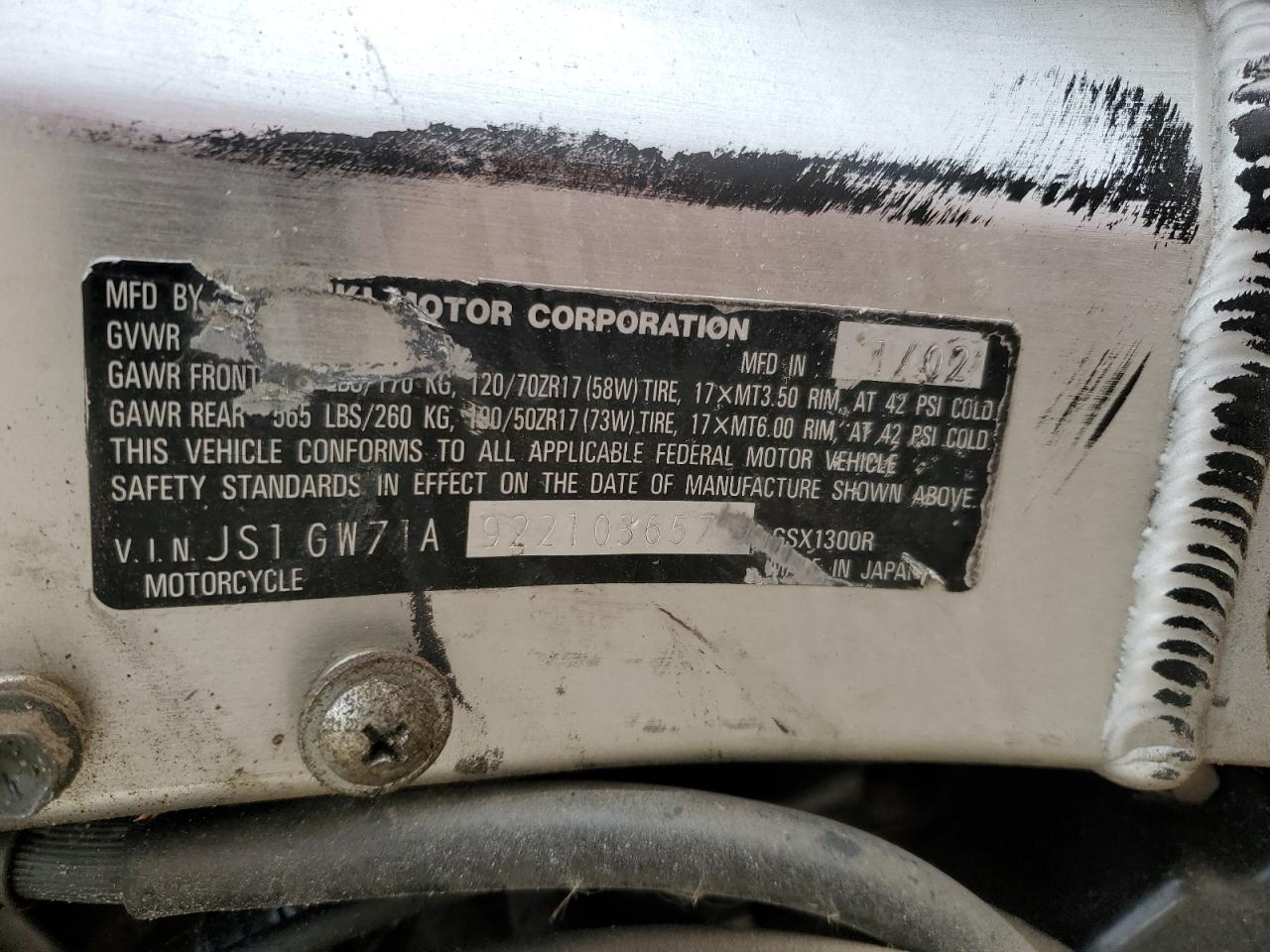 2002 Suzuki Gsx1300 R VIN: JS1GW71A922103657 Lot: 52917865