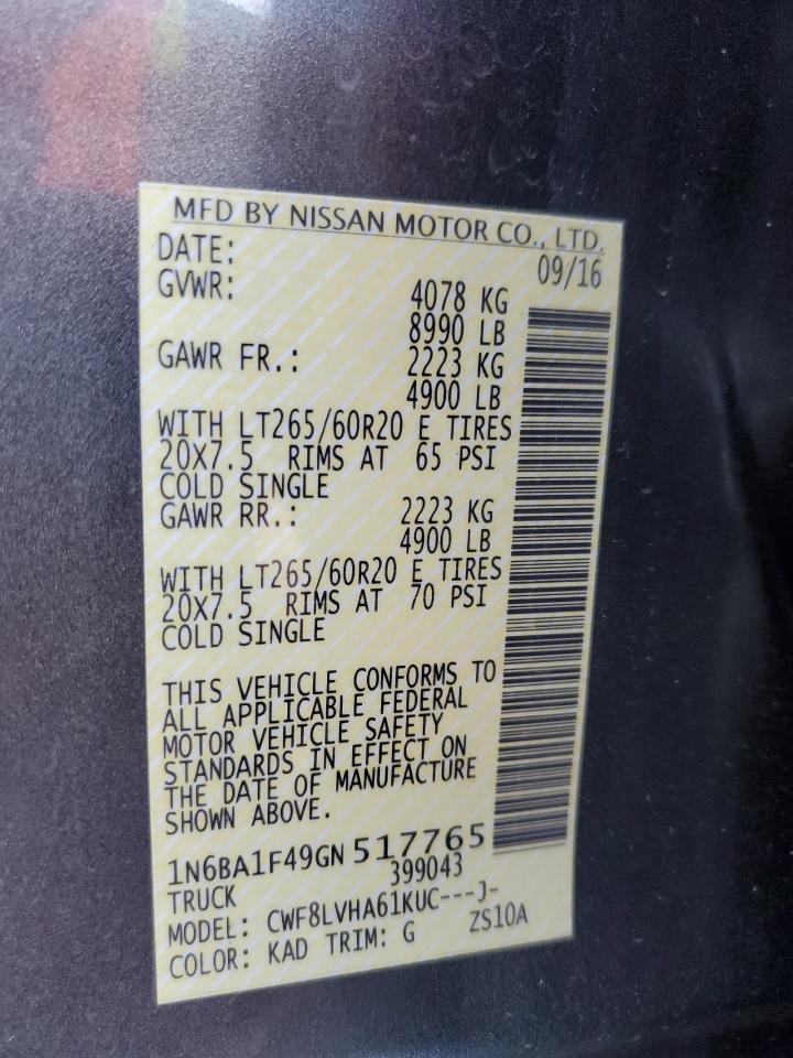 2016 Nissan Titan Xd Sl VIN: 1N6BA1F49GN517765 Lot: 54814715