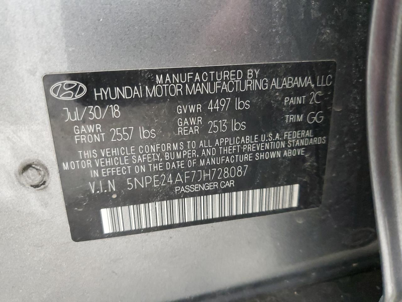 2018 Hyundai Sonata Se VIN: 5NPE24AF7JH728087 Lot: 51773925