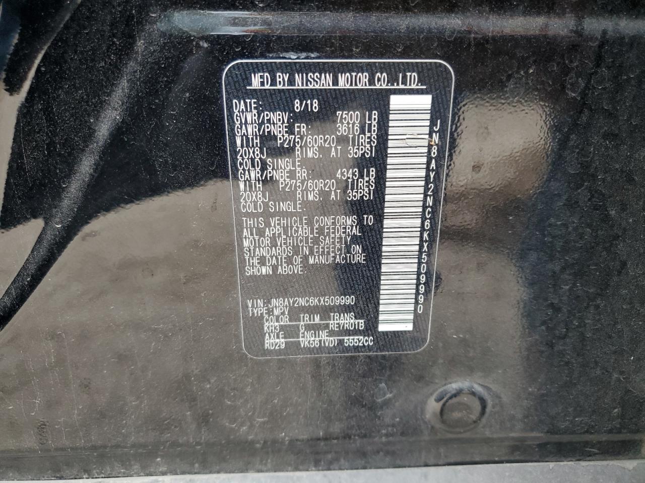 2019 Nissan Armada Sv VIN: JN8AY2NC6KX509990 Lot: 54208065