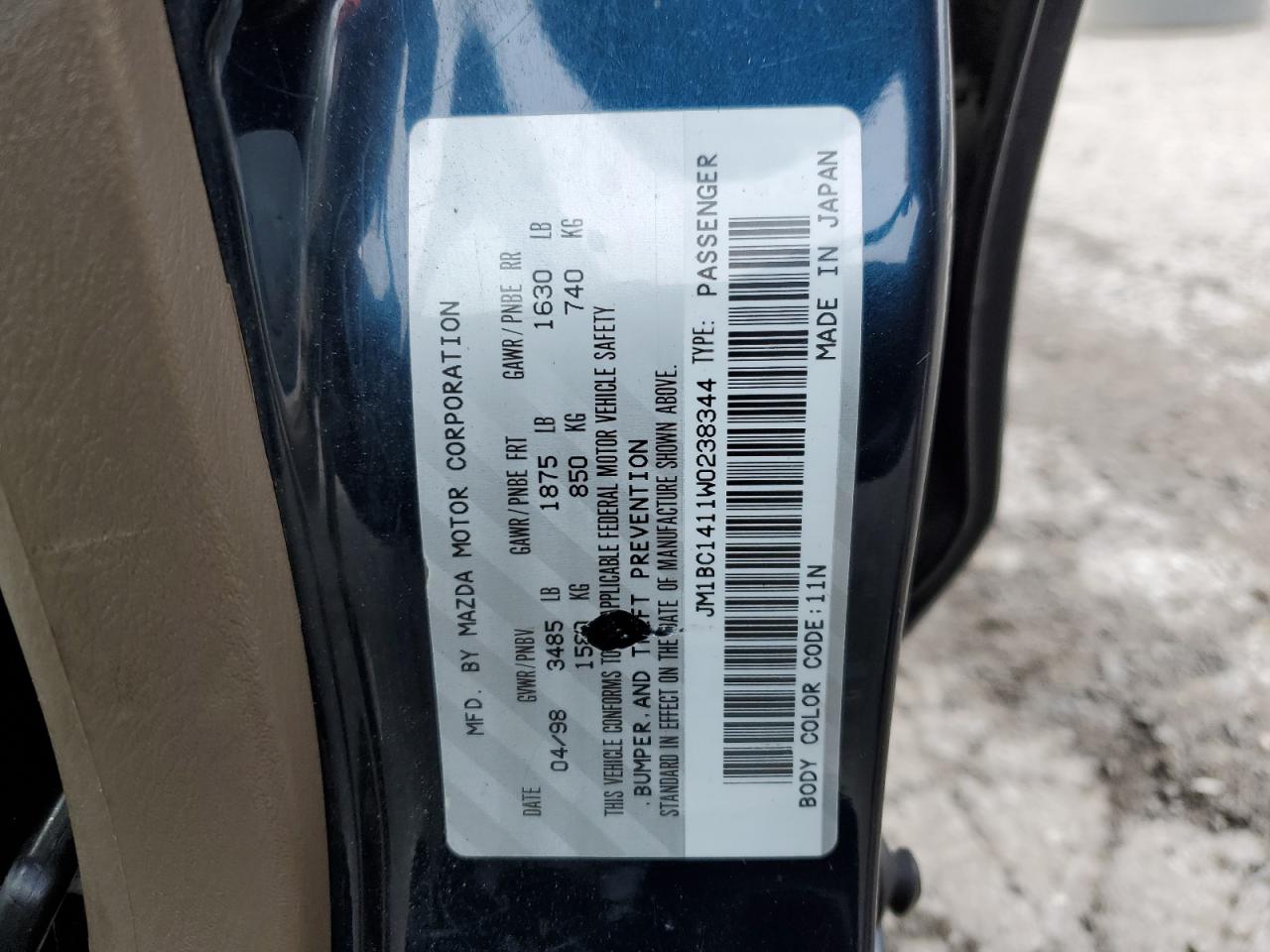 1998 Mazda Protege Dx VIN: JM1BC1411W0238344 Lot: 53330465