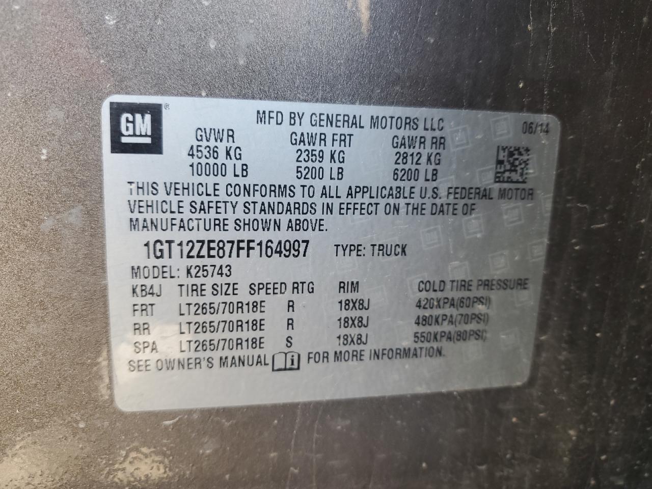 2015 GMC Sierra K2500 Slt VIN: 1GT12ZE87FF164997 Lot: 55111815