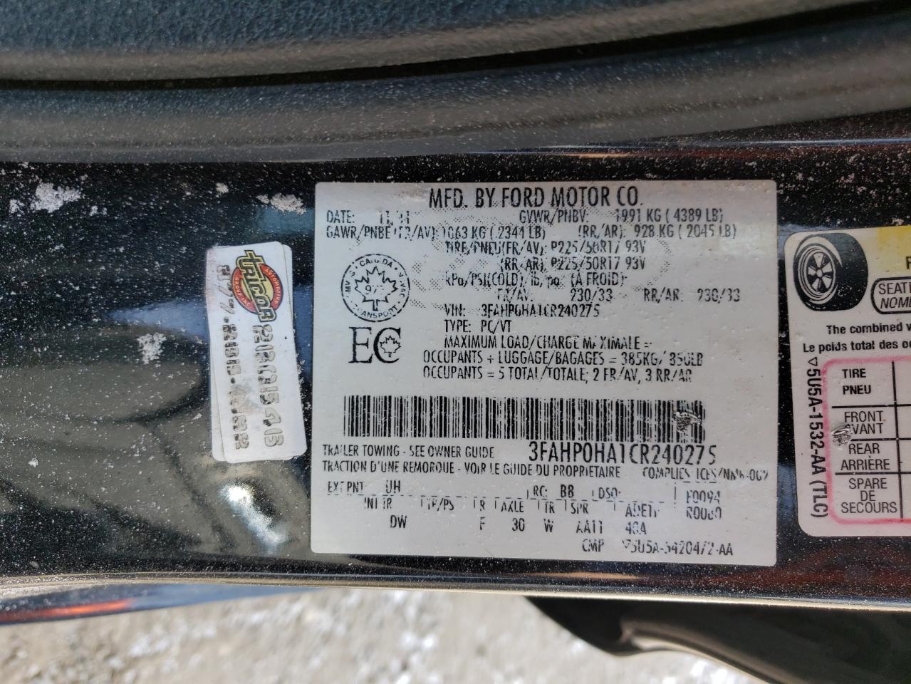 2012 Ford Fusion Se VIN: 3FAHP0HA1CR240275 Lot: 54240545