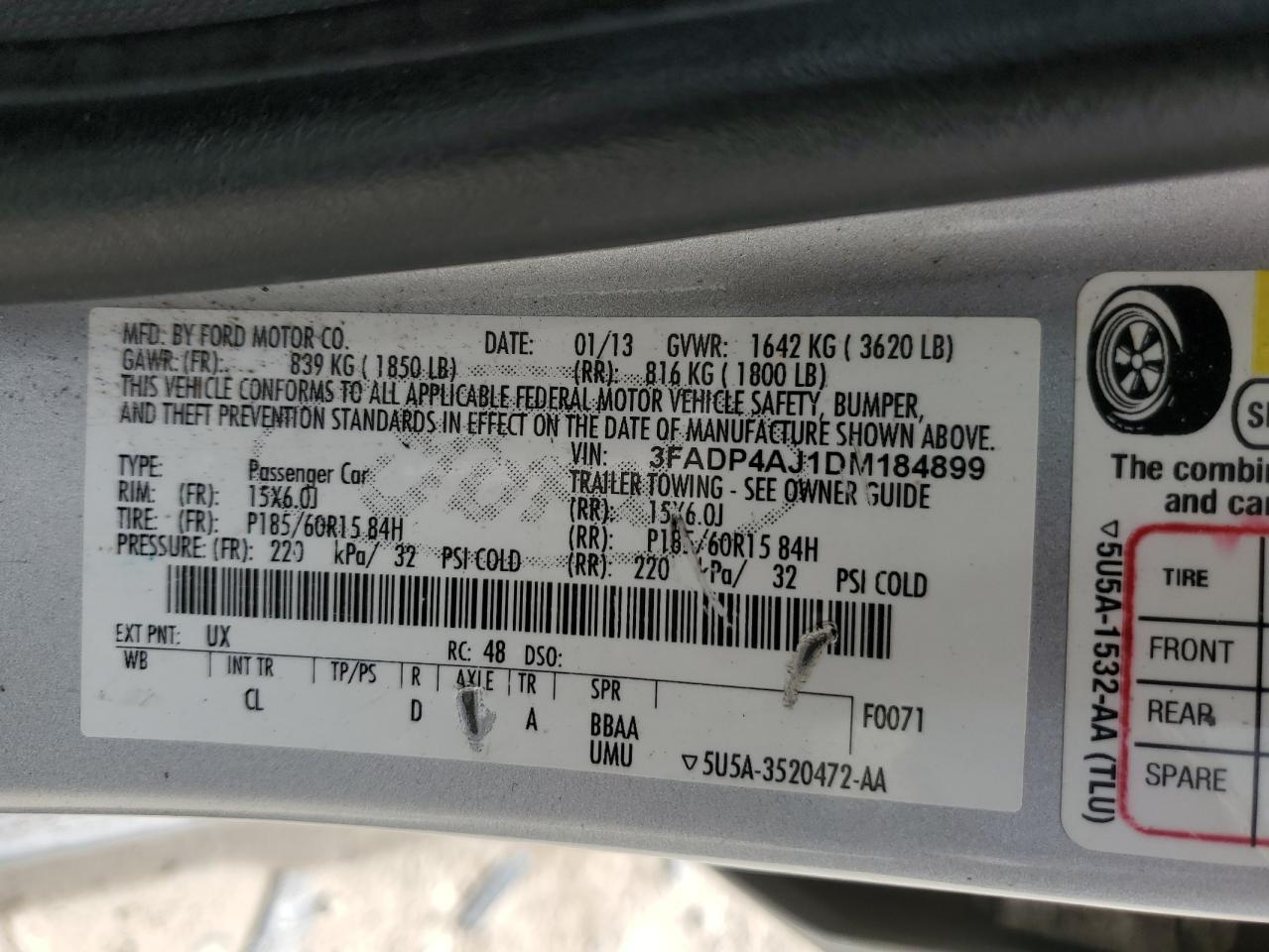2013 Ford Fiesta S VIN: 3FADP4AJ1DM184899 Lot: 53480855