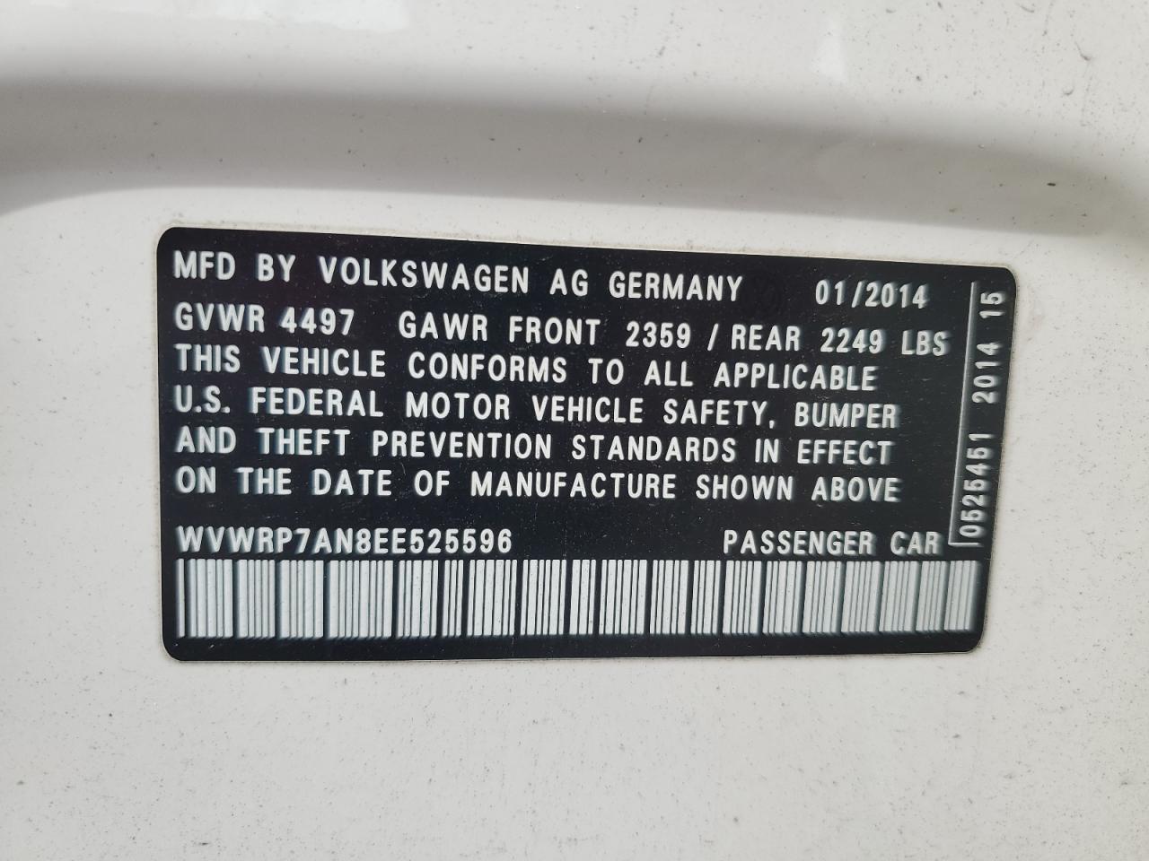 2014 Volkswagen Cc Luxury VIN: WVWRP7AN8EE525596 Lot: 51208465