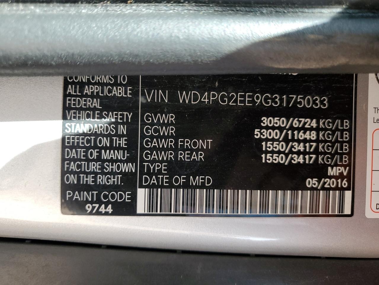 2016 Mercedes-Benz Metris VIN: WD4PG2EE9G3175033 Lot: 54556425