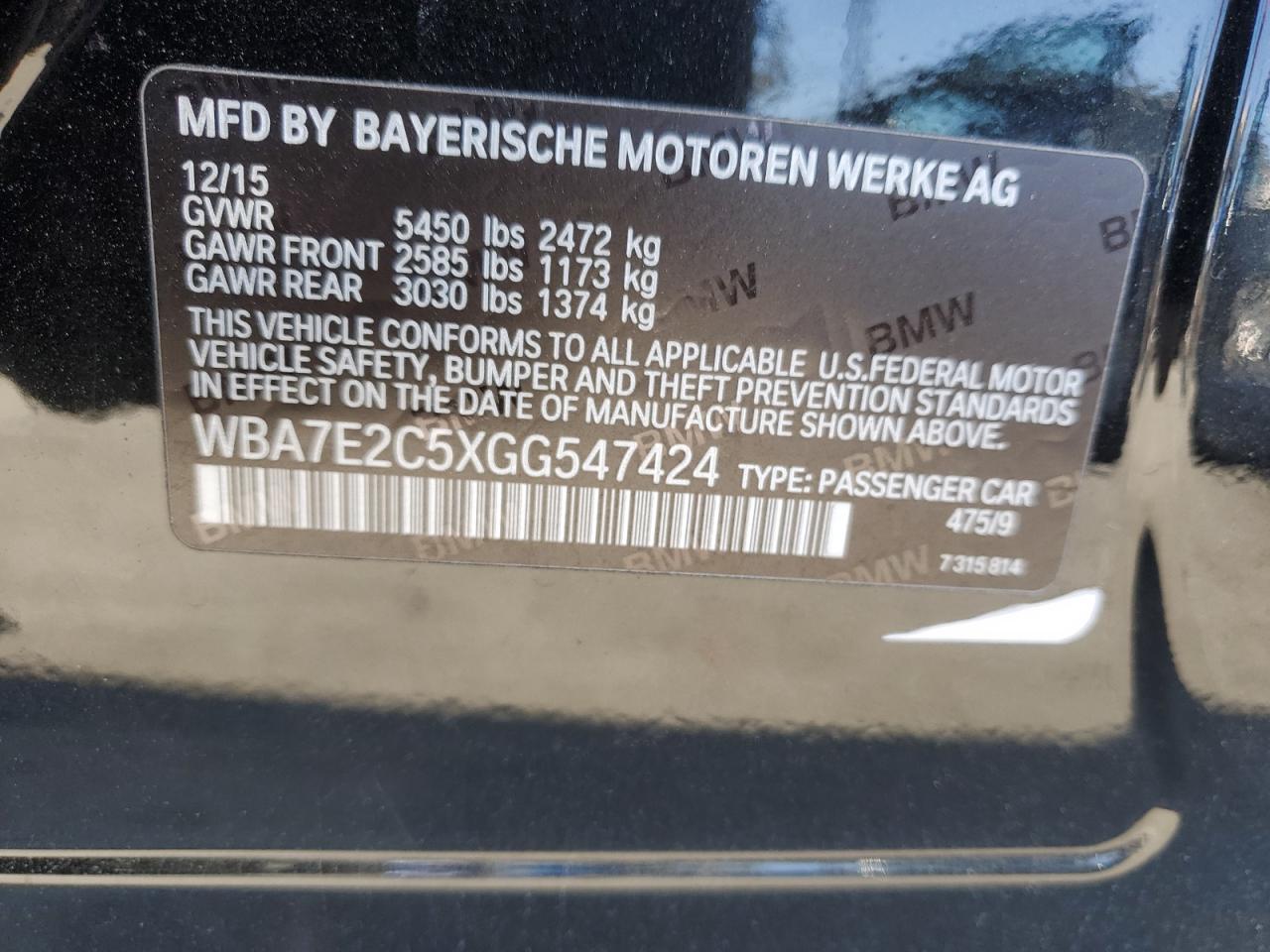 2016 BMW 740 I VIN: WBA7E2C5XGG547424 Lot: 51459965