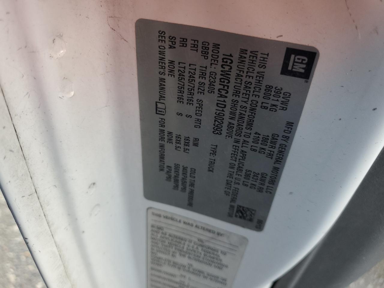 2013 Chevrolet Express G2500 VIN: 1GCWGFCA1D1902993 Lot: 54087965