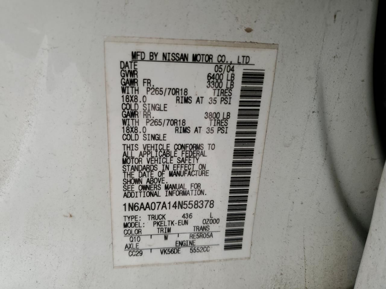 2004 Nissan Titan Xe VIN: 1N6AA07A14N558378 Lot: 55038435