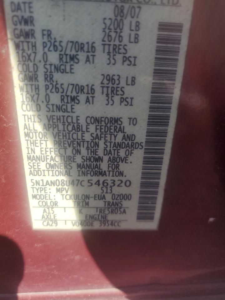 2007 Nissan Xterra Off Road VIN: 5N1AN08U47C546320 Lot: 52759385