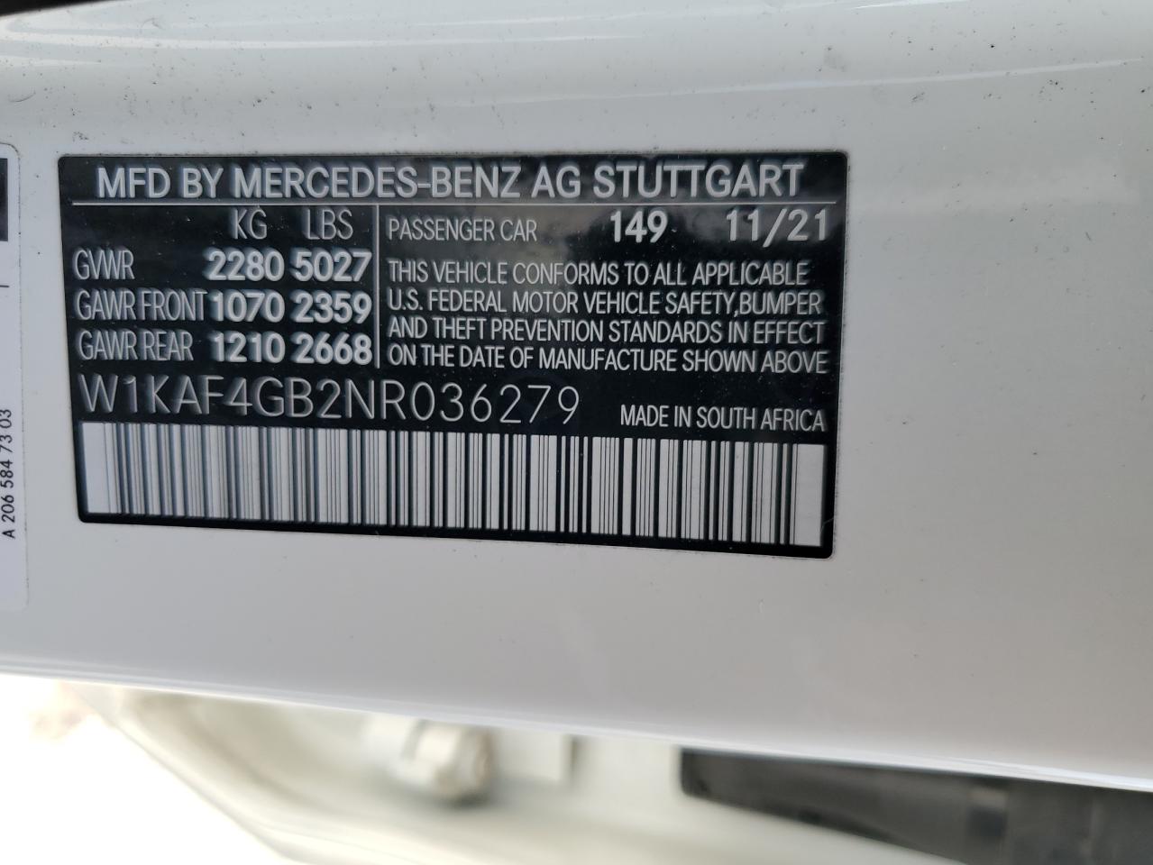 2022 Mercedes-Benz C 300 VIN: W1KAF4GB2NR036279 Lot: 54343205