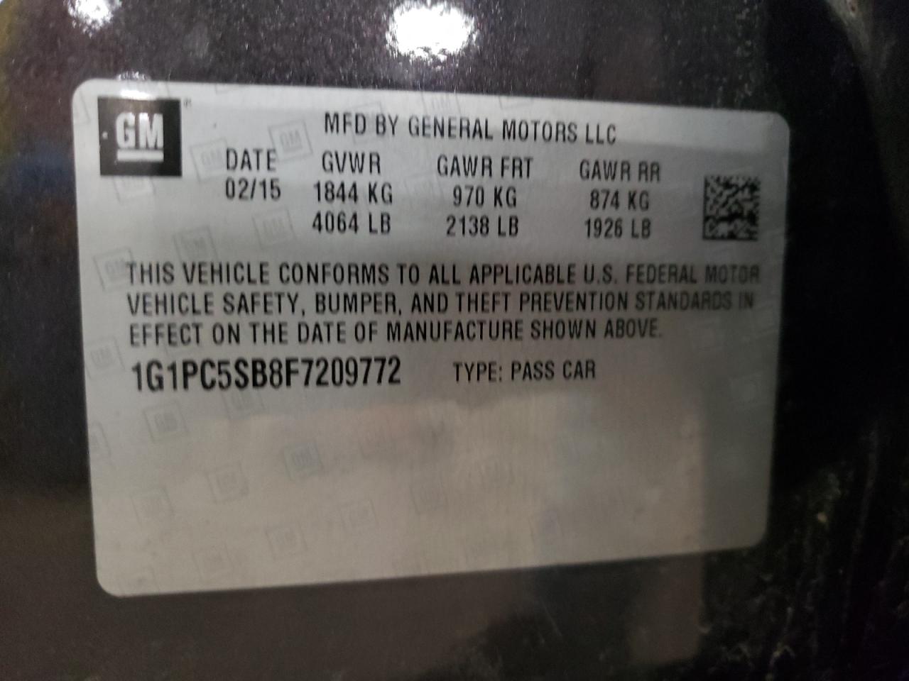 2015 Chevrolet Cruze Lt VIN: 1G1PC5SB8F7209772 Lot: 52967975