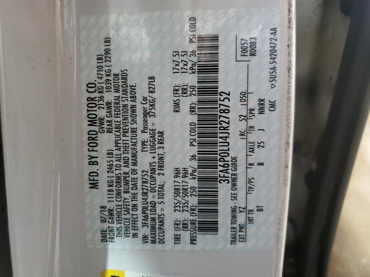 2018 Ford Fusion Se Hybrid VIN: 3FA6P0LU4JR278752 Lot: 54026565