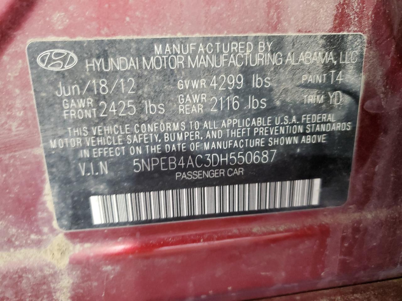 2013 Hyundai Sonata Gls VIN: 5NPEB4AC3DH550687 Lot: 55045125
