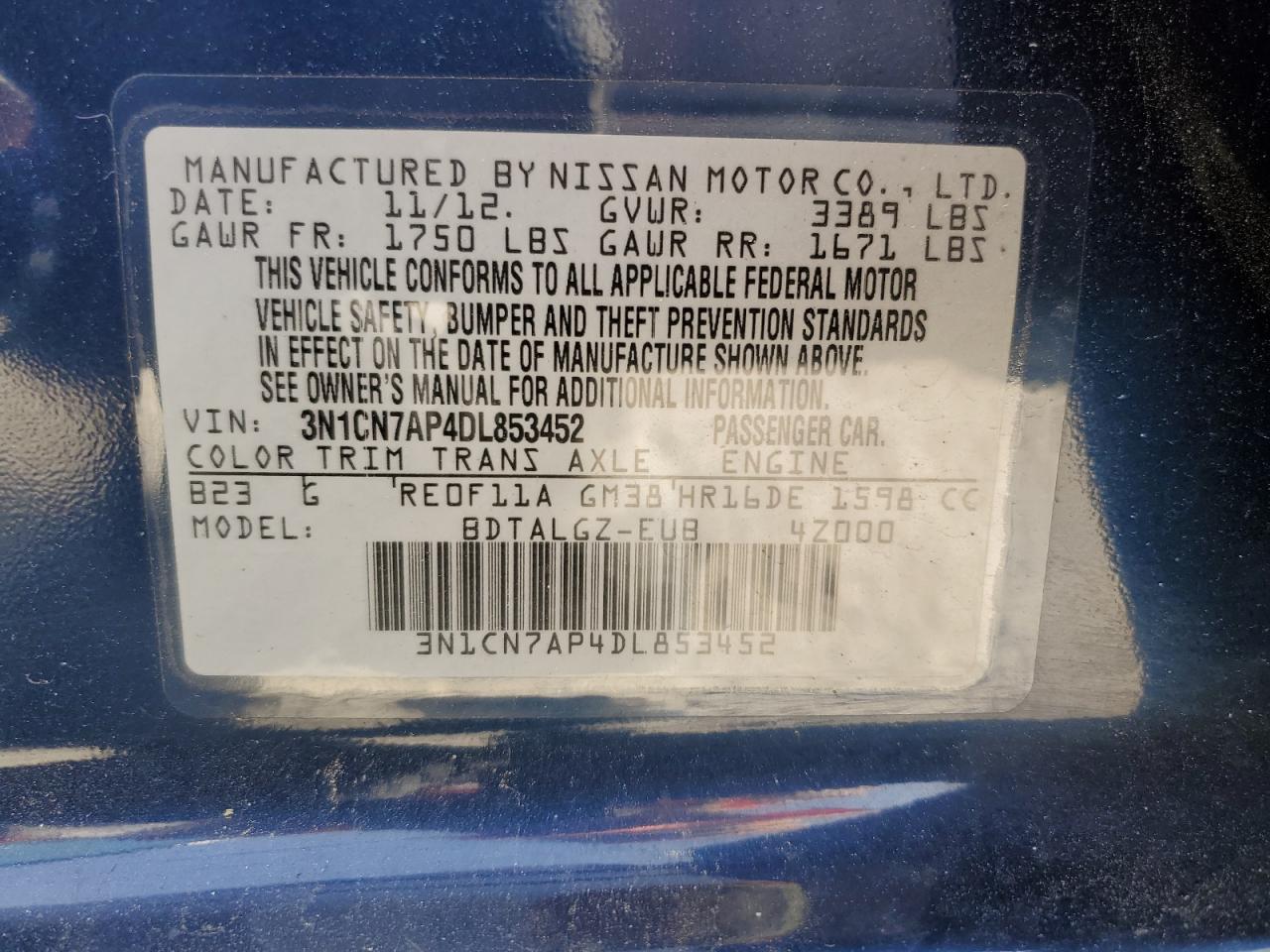 2013 Nissan Versa S VIN: 3N1CN7AP4DL853452 Lot: 53751775