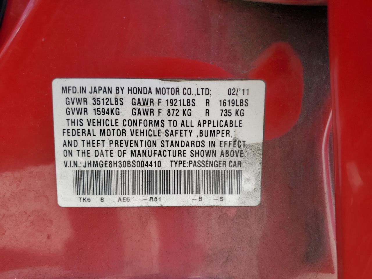 2011 Honda Fit VIN: JHMGE8H30BS004410 Lot: 52044365
