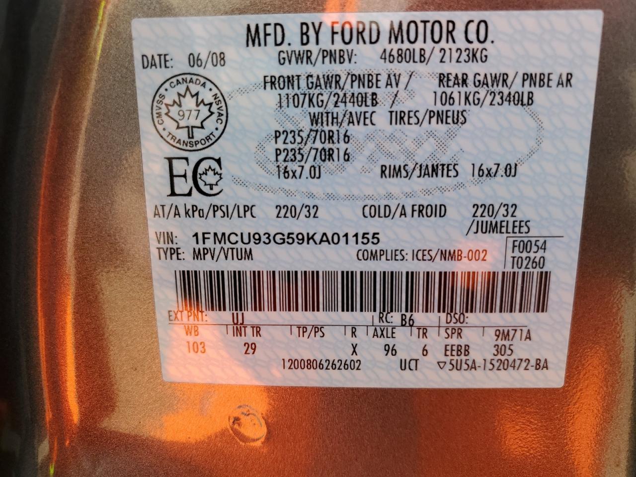 2009 Ford Escape Xlt VIN: 1FMCU93G59KA01155 Lot: 54546745