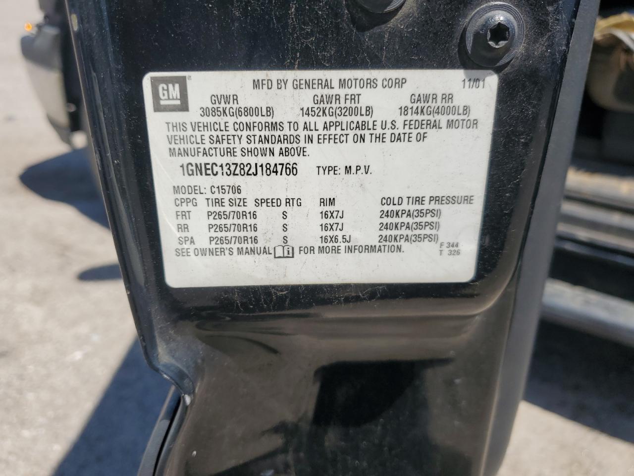 2002 Chevrolet Tahoe C1500 VIN: 1GNEC13Z82J184766 Lot: 56546395