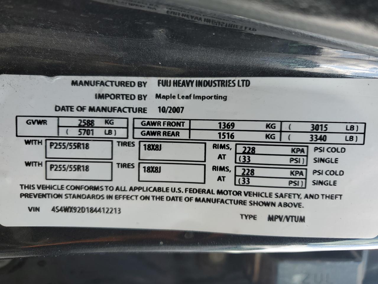 2008 Subaru Tribeca Limited VIN: 4S4WX92D184412213 Lot: 52307595