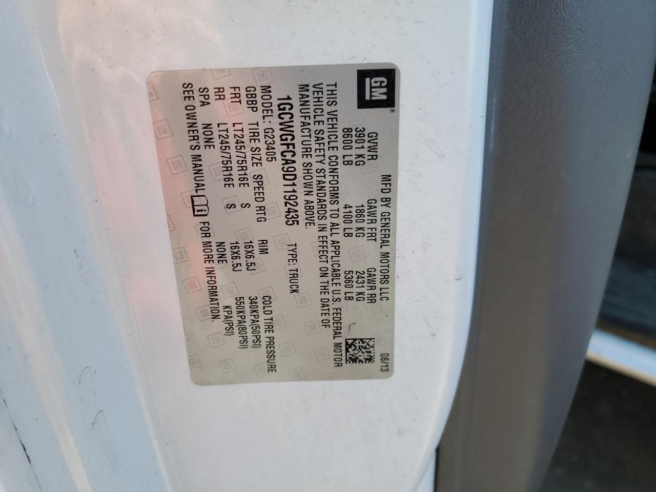 2013 Chevrolet Express G2500 VIN: 1GCWGFCA9D1192435 Lot: 52378475