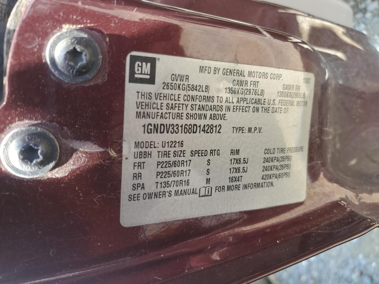 2008 Chevrolet Uplander Lt VIN: 1GNDV33168D142812 Lot: 53757715