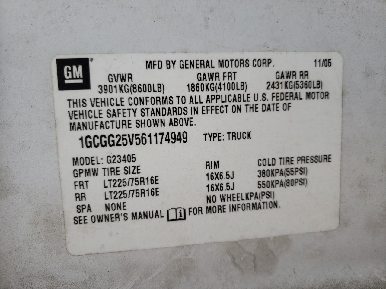 2006 Chevrolet Express G2500 VIN: 1GCGG25V561174949 Lot: 51241815