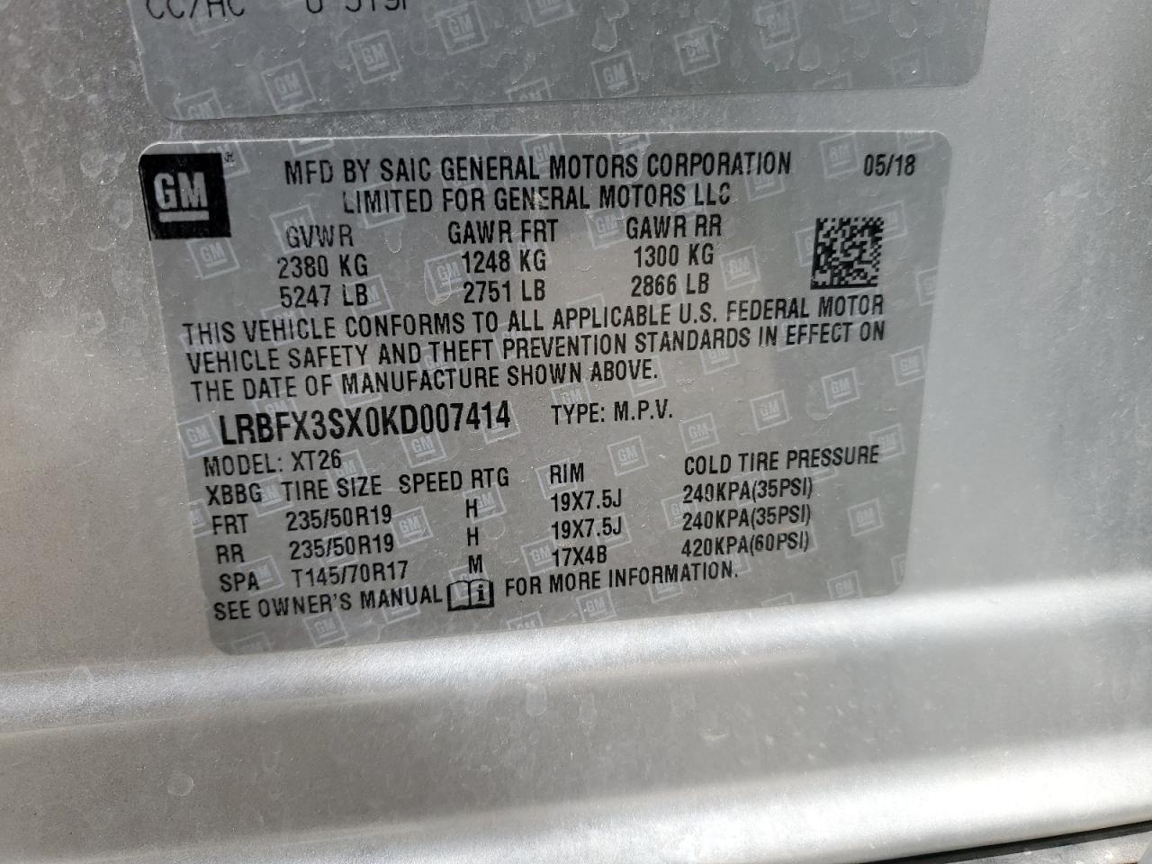 2019 Buick Envision Premium VIN: LRBFX3SX0KD007414 Lot: 54858955
