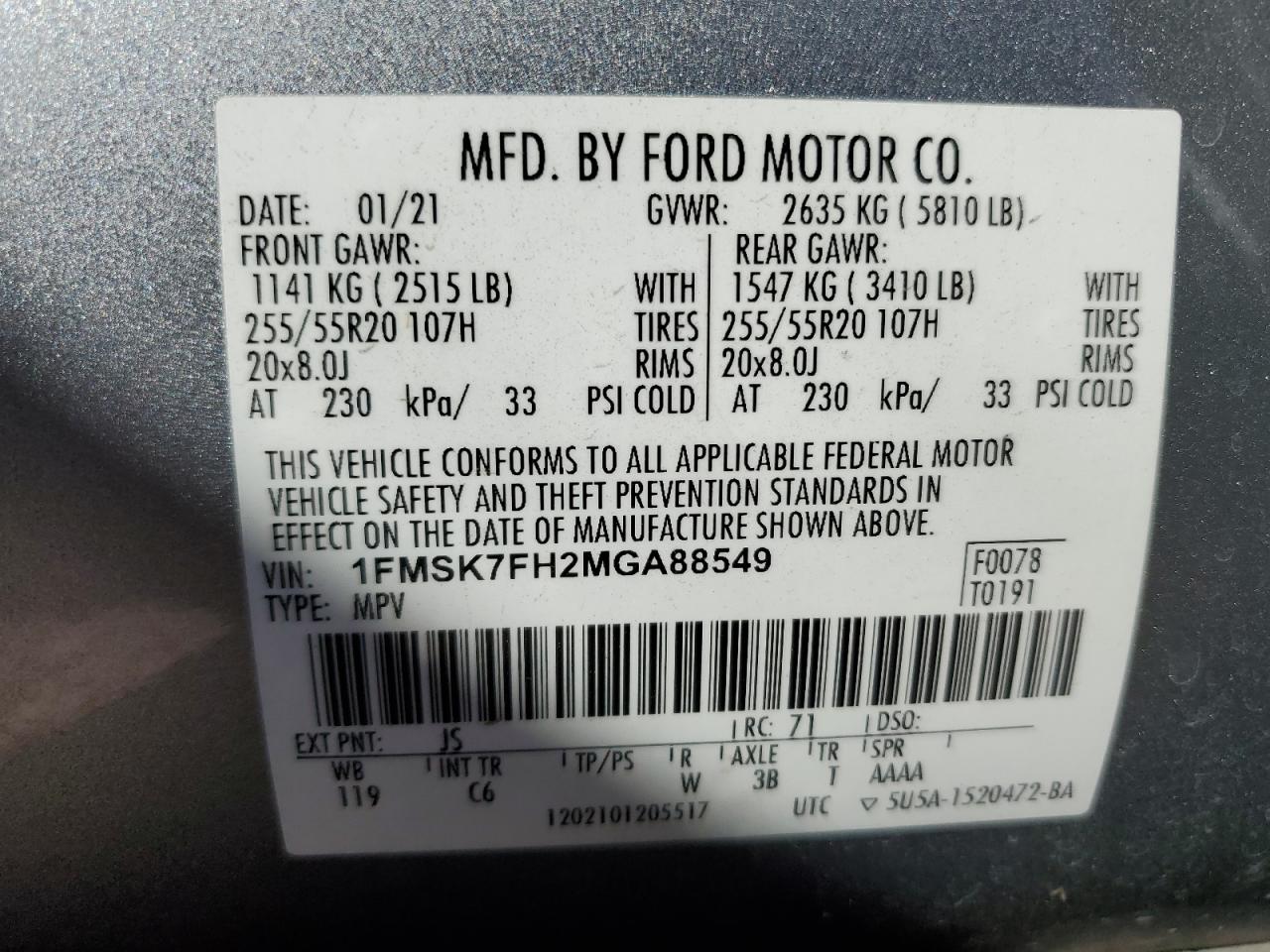 2021 Ford Explorer Limited VIN: 1FMSK7FH2MGA88549 Lot: 54145295