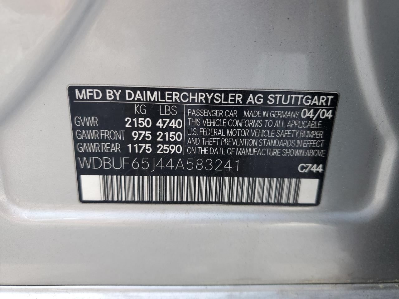 2004 Mercedes-Benz E 320 VIN: WDBUF65J44A583241 Lot: 53106545