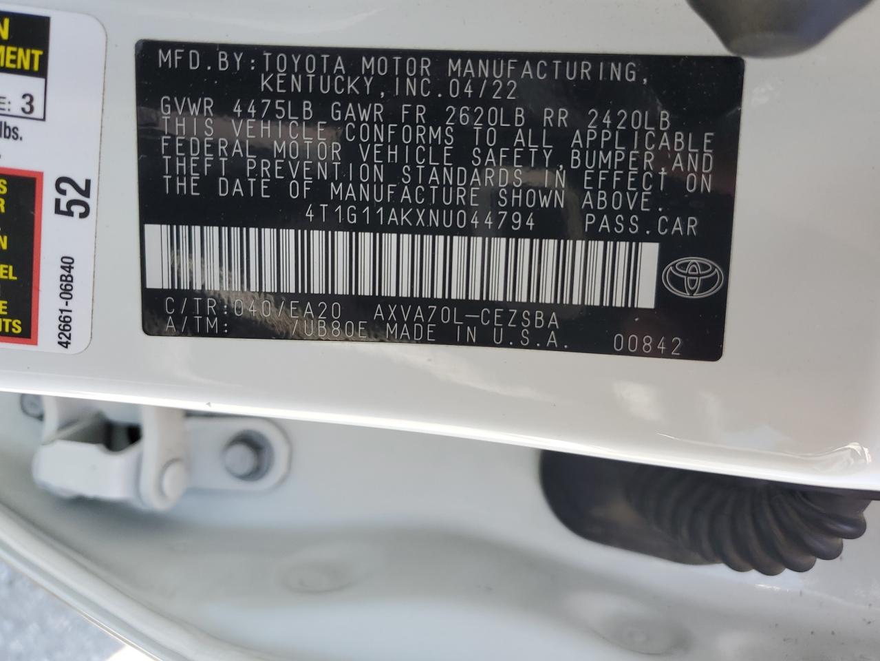 2022 Toyota Camry Se VIN: 4T1G11AKXNU044794 Lot: 54945635